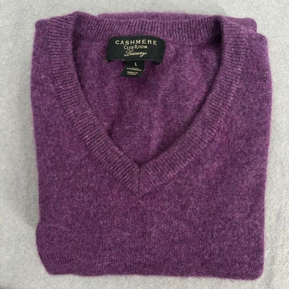 Club Room Luxury Mens Large 100% Cashmere V Neck Sweater Purple Knit Pullover - Picture 10 of 10